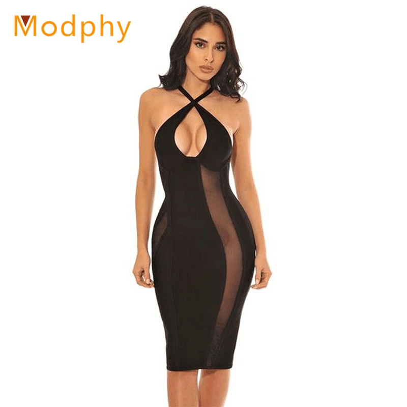 

2018 new women rayon stretchy elastic mesh see through halter bodycon celebrity party bandage dress drop shipping HL126