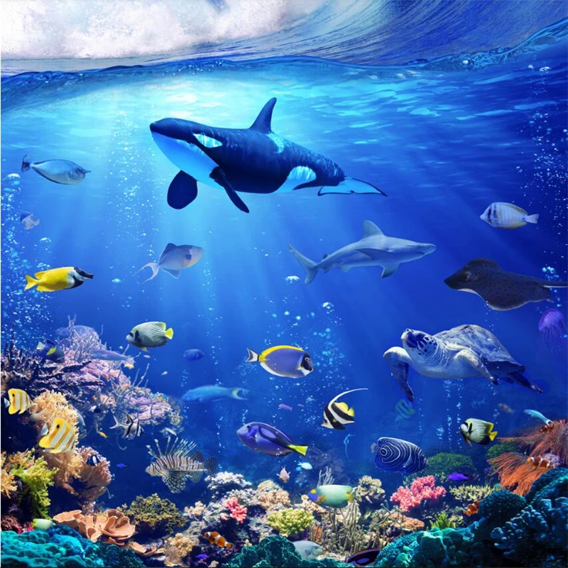 

beibehang Blue seabed world dolphin 3D stereotactic background wall floor painting customizing large wall wallpaper