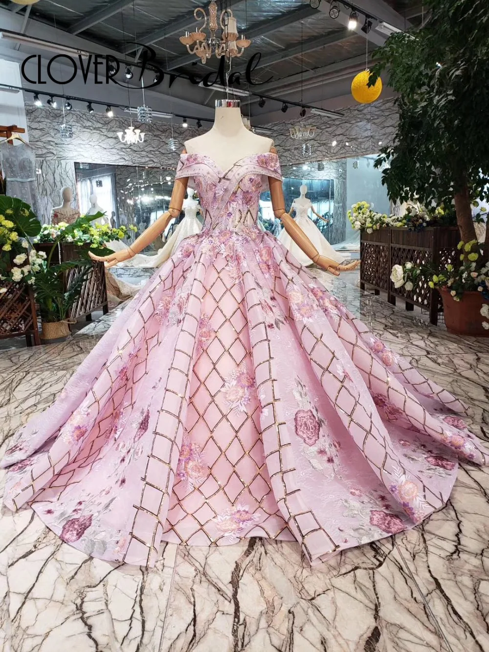 

CloverBridal floor length stoned pink off shoulder wedding dress 2019 print flowers lace glitter fabric A-line weeding dresses