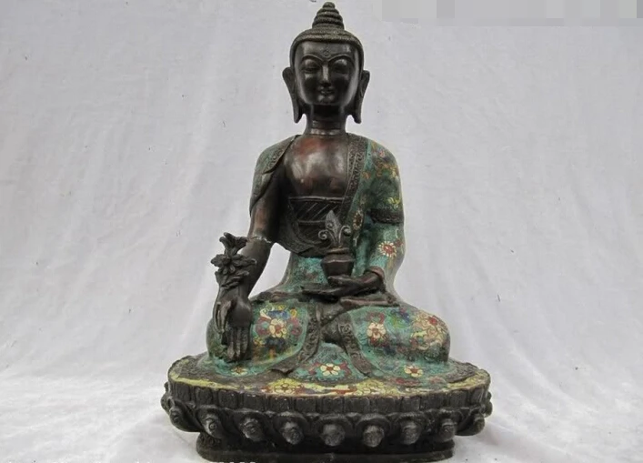 

Collectible bronze S2581 Tibet Fane 100% Pure Bronze handwork made cloisonne Bhaisajyaguru Buddha Statue (B0328)