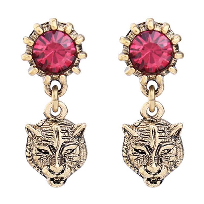 

1Pair Antique Gold Silver Color Animal Tiger Head Vintage Earrings Red Crystal Drop Earrings Women Indian Jewelry