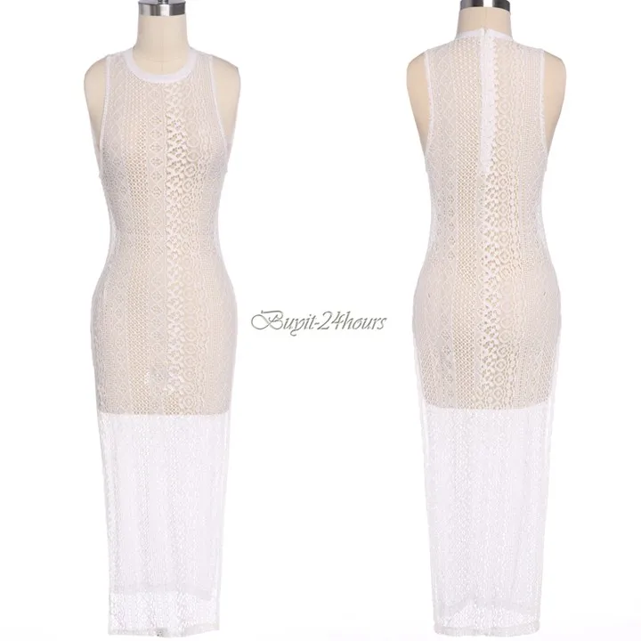 2015 New Arrival Sexy Women White Sleeveless O-Neck Lace Hollow Out Ankle-Length Beach Summer Dress WZ | Женская одежда