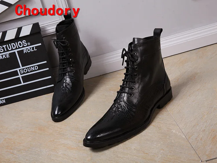 Choudory botas masculina/зимняя обувь для мужчин; Цвет черный, коричневый; натуральная кожа; водонепроницаемый военные сапоги на шнуровке; высокие ковбойские сапоги мужские