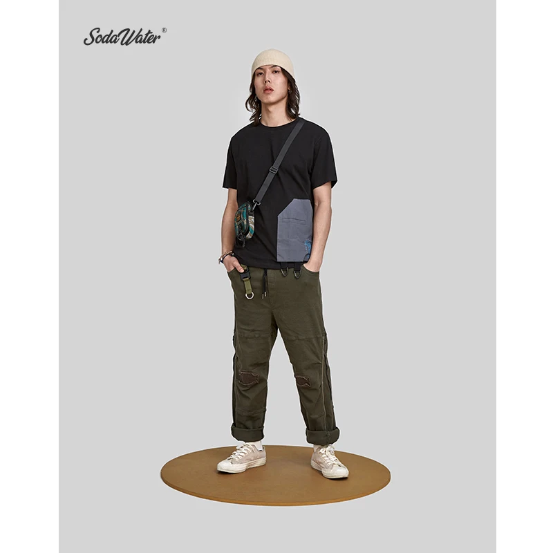 SODA WATER MEN Hip Hop Mens Clothing 2019 Patchwork Oversized Cotton T Shirt High Street Couple Short Sleeve Summer Tops 9180S