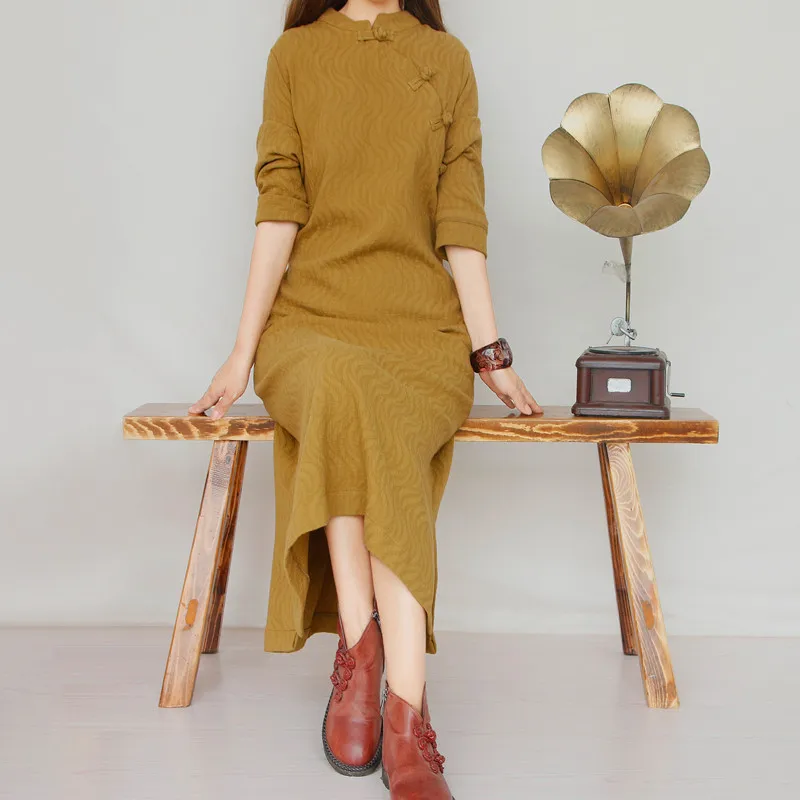 

Vintage Chinese Style Women Maxi Long Dress Long Sleeve Autumn Winter Cotton Linen Dress Vestido Longo Plus Size Dresses C3503