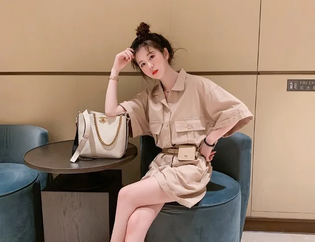 New Tooling Jumpsuit Summer Women Short Playsuits Loose Short Sleeve Single Breasted With Belt Rompers Womens YT50104
