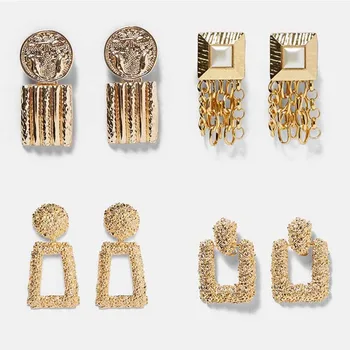 

Retro ZA Metal Statement Hanging Earrings Emboss Long Tassel Drop Earrings Women Geometric Maxi Pendant Earrings Wedding Jewelry