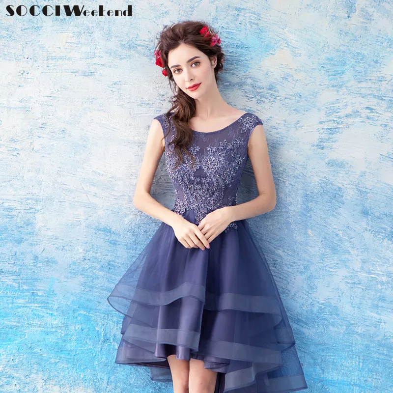 

SOCCI Weekend Prom Dress 2018 Short Front Long Back Women Elegant Beaded Hi Lo Formal Party Dresses Robe de Gown Lace-up Back