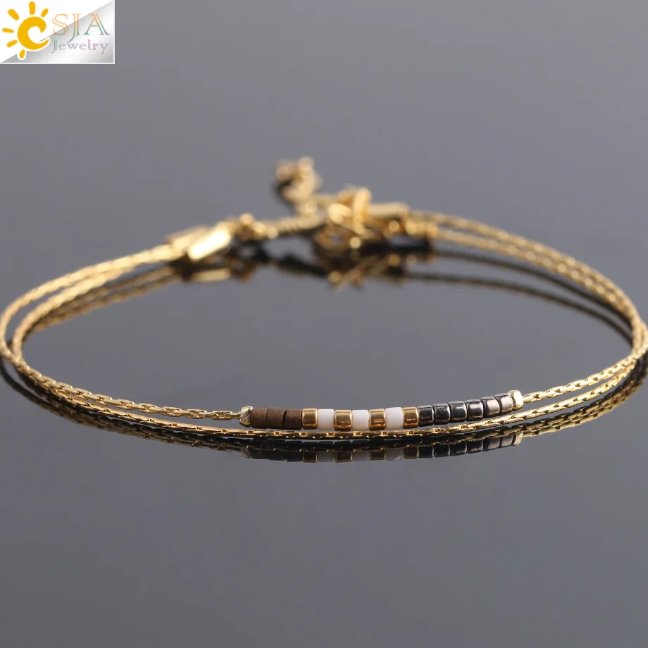 CSJA Multicolor Miyuki Bracelets for Women 2-layer Cute Mini Delica Beads Bracelet Jewelry Adjustable Gold Color Link Chain S187