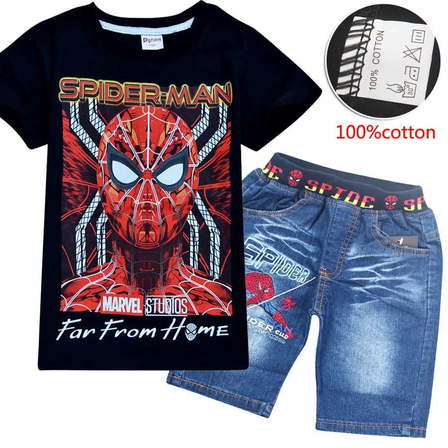 

2019 New spiderman kid clothing sets cartoon children summer shirt jeans shorts set toddler boys superman boutique kids clothing