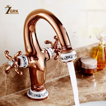 

ZGRK Basin Faucets Antique Brass Bathroom Faucet Basin Ceramic printing Rotate Double Handle Hot and Cold Water Mixer Taps