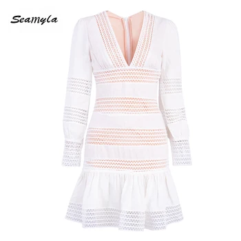 

Seamyla 2020 New Elegant Women White Dress Vestidos Long Sleeve Hollow Out Celebrity Party Dresses Club Runway Winter Dress