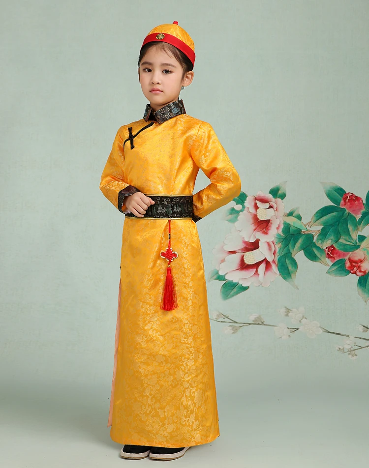Детский костюм для мальчиков и девочек в китайском древнем стиле «stlye qing dynasty» золотого и красного цвета на рост 110-170 см