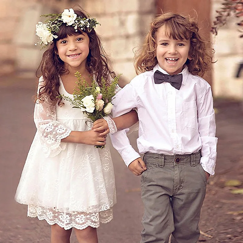 

New Girls Lace Dresses Square Collar Three Quarter Sleeves Flower Girls Dresses for Wedding Vestidos Size 2-16y