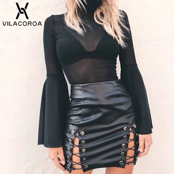 

2019 Summer Women's Leather Skirts Black High Waist Bag Hip Ring Bandage Split Short Skirt Fashion Sexy Nightclub Women Skirt