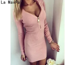 La maxpa 2018 Для женщин Платья для женщин на молнии v-образным вырезом Sexy вязаное платье с длинным рукавом облегающее платье пакет хип платье vestidos