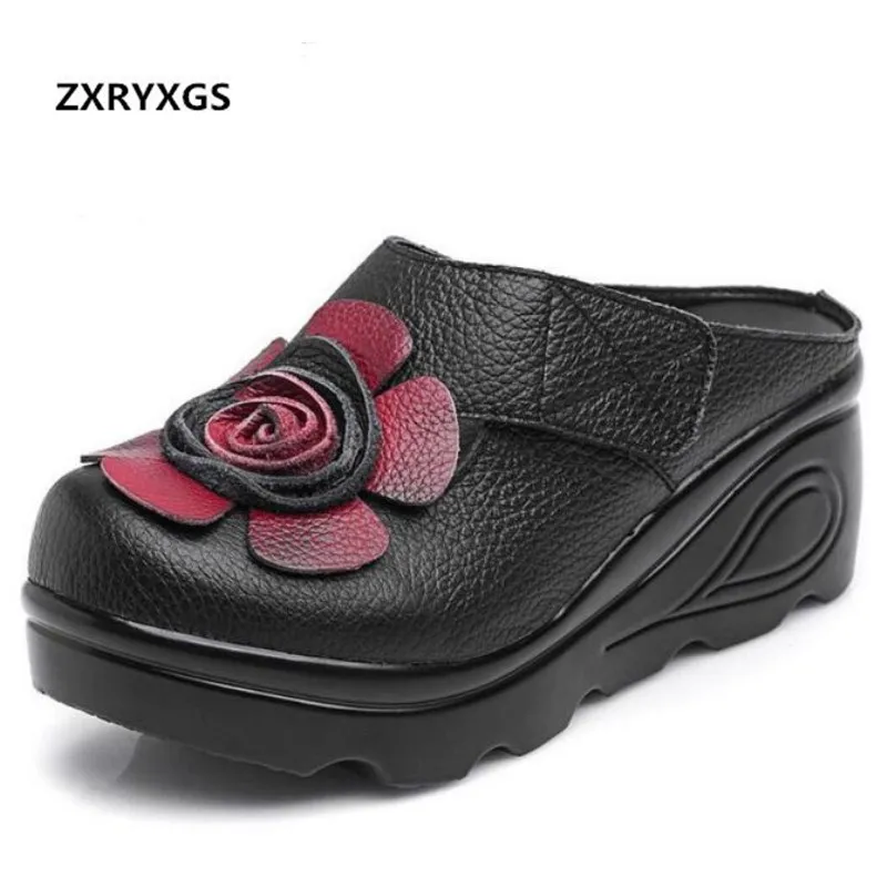 

High Quality Cowhide Flowers Summer Women Sandals Fashion Slippers 2018 New Platform Wedges High Heeled Sandals Women Slippers
