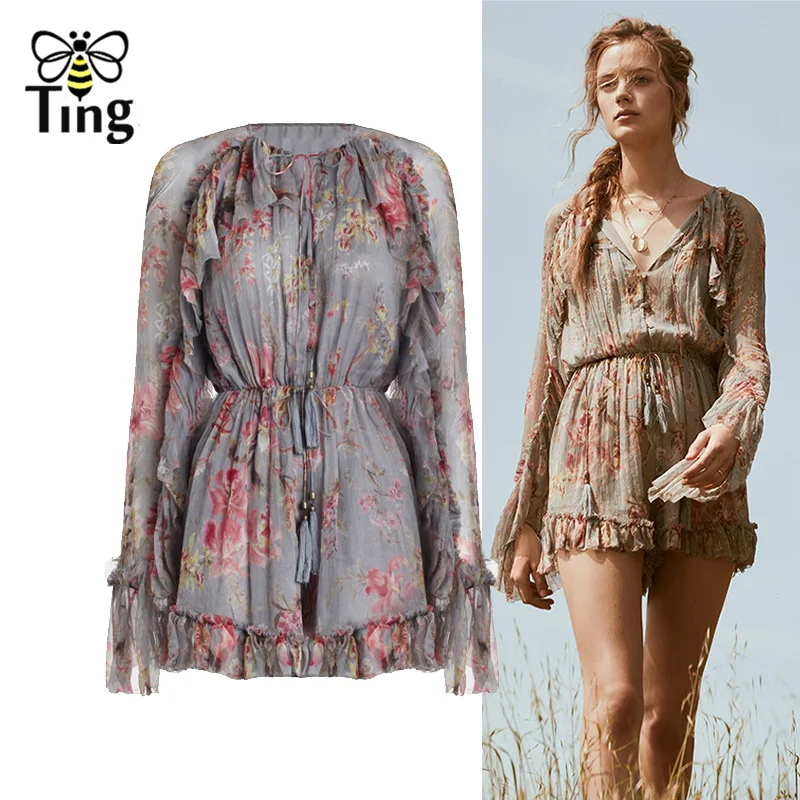 

Tingfly Designer Summer Style Sexy V neck Playsuits Women Ruched Ruffls Short Playsuits Floral Print Jumpsuits for Beach Holiday