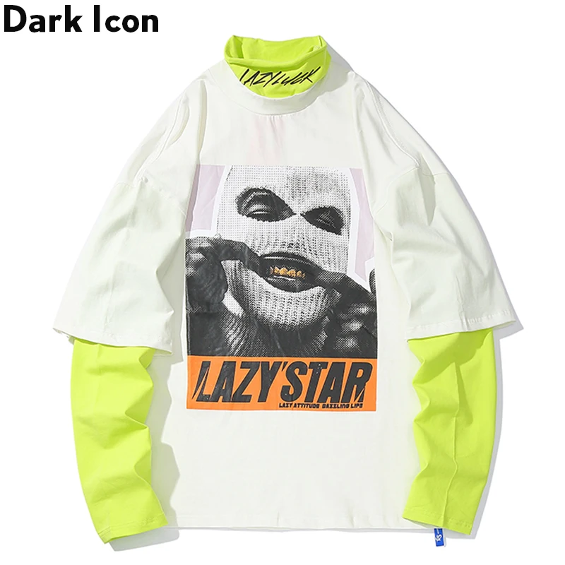 

Dark Icon Masked Man Drop Shoulder Hip Hop T-shirt Long Sleeve Turtle Neck Fake 2pcs Street Men's Tshirts 2019 New Fall
