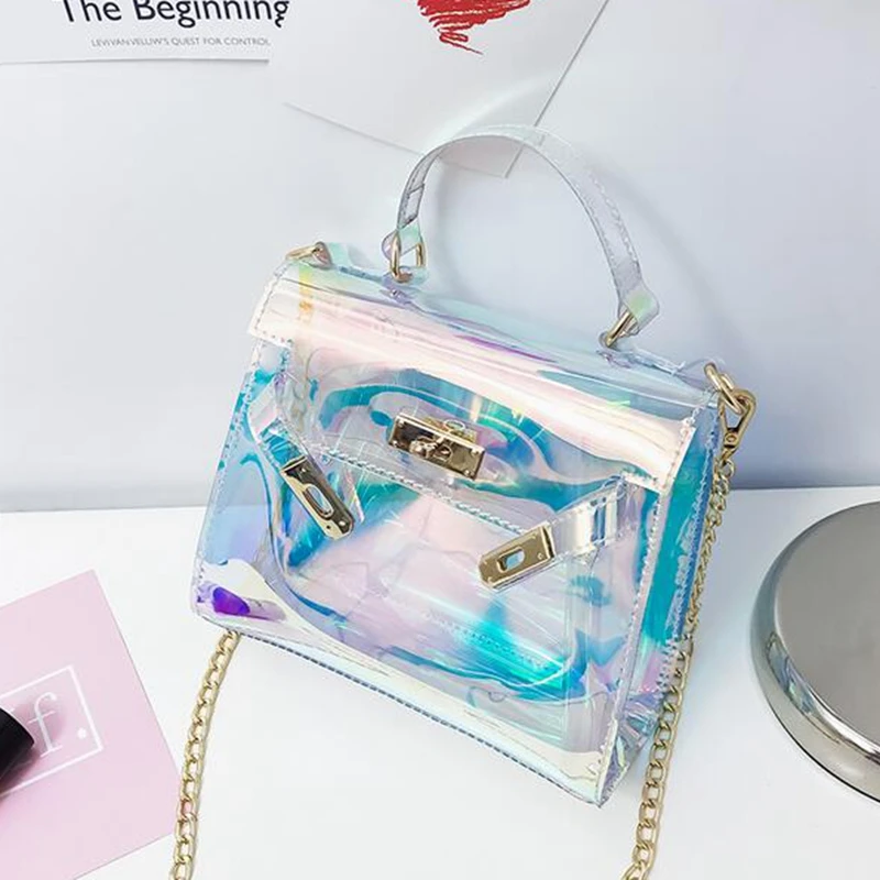 Women Plastic Messenger Handbag Transparent Laser Handbag Clutch Shoulder Crossbody Bag Chain Bag Clear Bag Evening Purse PP-877