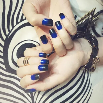 

Short Square Head Full Cover Nail Art Tip With Glue Ladies Party Fake Nail Girls Fashion Blue Black Gradient Color False Nail