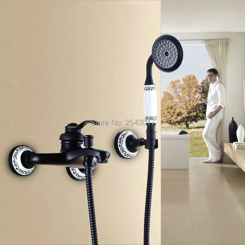 Роскошная ванная комната черный душевой набор настенная Ванна керамическая Лейка для душа прочная состаренная латунная смеситель для душа кран ZR036
