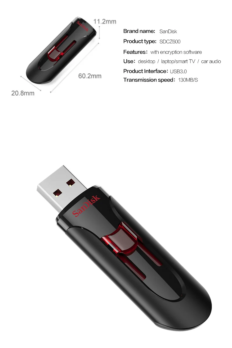 SanDisk CZ600 USB флэш-накопитель USB 3,0 Флешка 16 ГБ 32 ГБ 64 Гб 128 ГБ флэш-диск черная ручка-накопитель высокоскоростной u-диск регулируемый