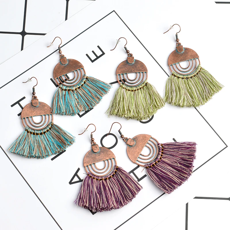

Half Round Hollow Design Earrings Colorful Tassel Ethnic Dangle Earrings For Women copper drop Earrings Wholesale Jewelry gifts