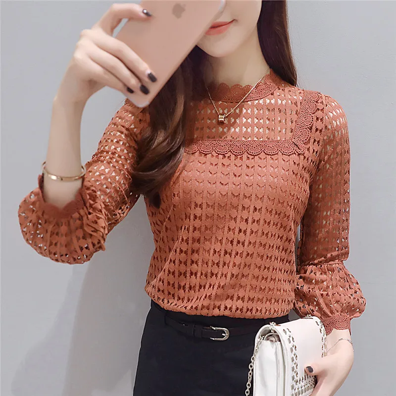 Free Shipping 2018 New Long Sleeve Women tops Lace O-neck ruff Sleeve Fashion Autumn brown Black Blouse Shirts women Blouses 16J
