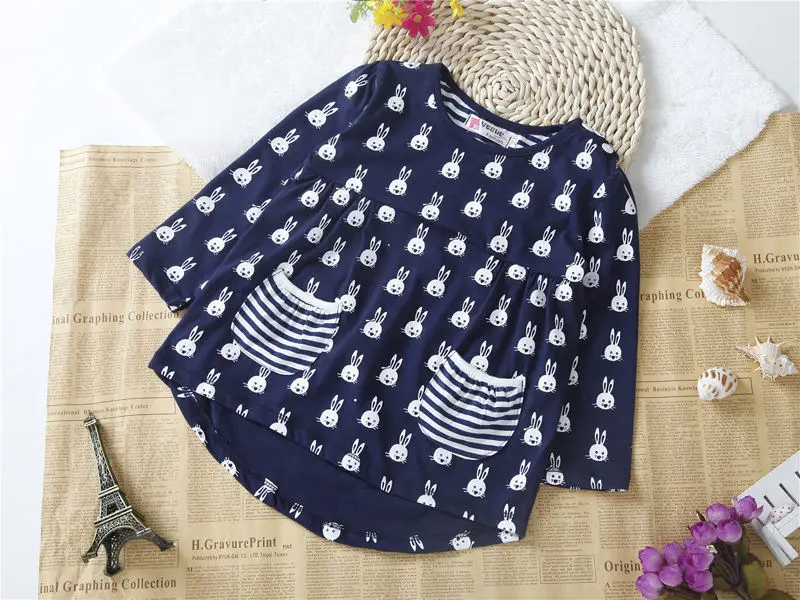 

2016 wholesale baby girls kid toddler bunny rabbit printing dress asymmetric pocket long sleeve dress for spring autumn