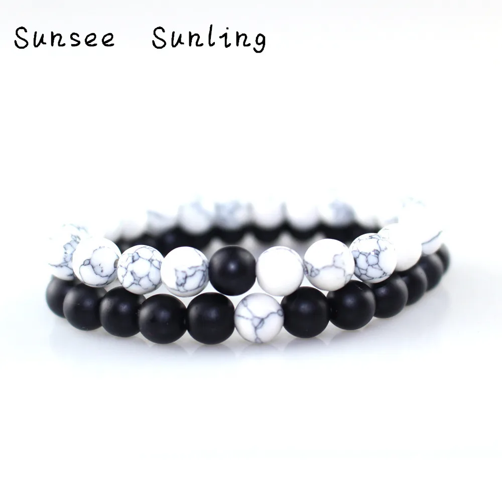 

2019 2pcs/set 8mm White Howlite Stone and Volcanic Rock Lava Stone Beads Women Bracelets Set for Women Men Stretch Jewelry Gift