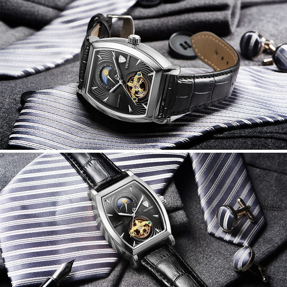 TEVISE Mens Watches Tonneau Moon Phase Automatic Watch Waterproof Self-Wind Mechanical Wristwatches Leather Strap + Box 8383D (6)
