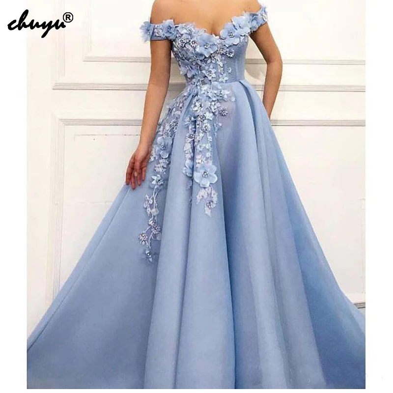

Sky Blue Muslim Prom Dresses Off the Shoulder 3D Flowers Crystal Beading Abendkleider Evening Gowns Draped Long Prom Dress 2019