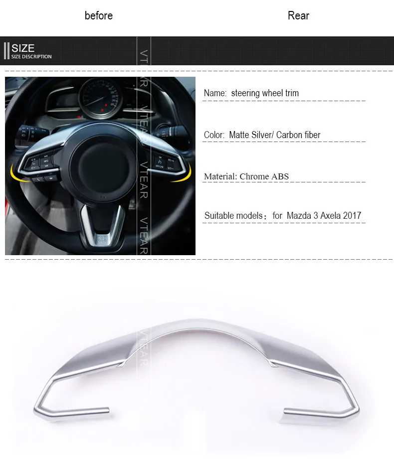 Vtear для Mazda 3 Axela отделка рулевого колеса хромированная ABS крышка украшения карбоновое волокно внутренние молдинги аксессуары