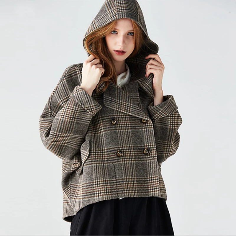 Hooded Wool Women Loose Short Coat 100 Wool Double Breasted Button Pockets 2 Colors Plus Size