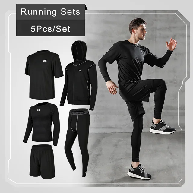 Мужские комплекты для бега Компрессионные спортивные костюмы тренировочные трико одежда Спортивная кофта фитнес быстросохнущая Спортивная одежда для бега комплект 2/5 шт - Цвет: 5Pcs set-1