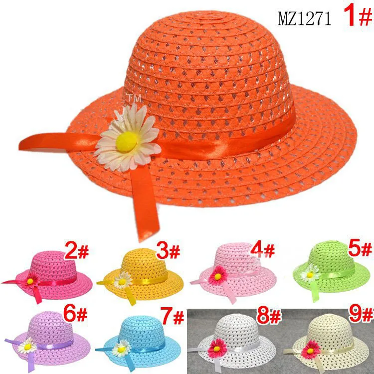 

Children Girls Summer Sun Hats Floral Bow Fashion Wide Brim Candy Beach Sun Hat for Kids 9 Colors