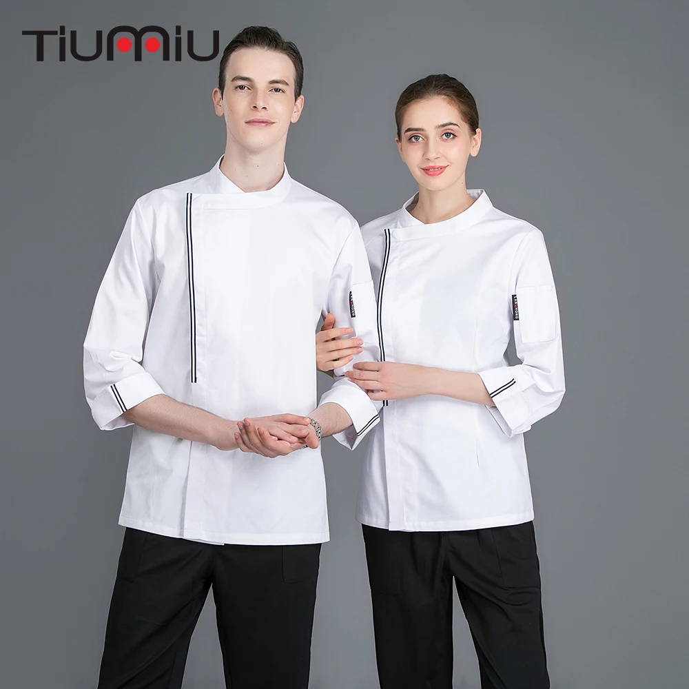 

New Design Patchwork Chef Uniform Unisex Oblique Collar Long Sleeve Chef Jacket Kitchen Restaurant Cooking Wear Uniform Overalls