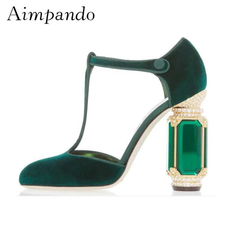 

Luxury Velvet High Heel Pumps Women 2020 Retro Wedding Shoes Rhinestone Diamond Jewel Gemstone Heel T-strap Pumps Shoes Woman