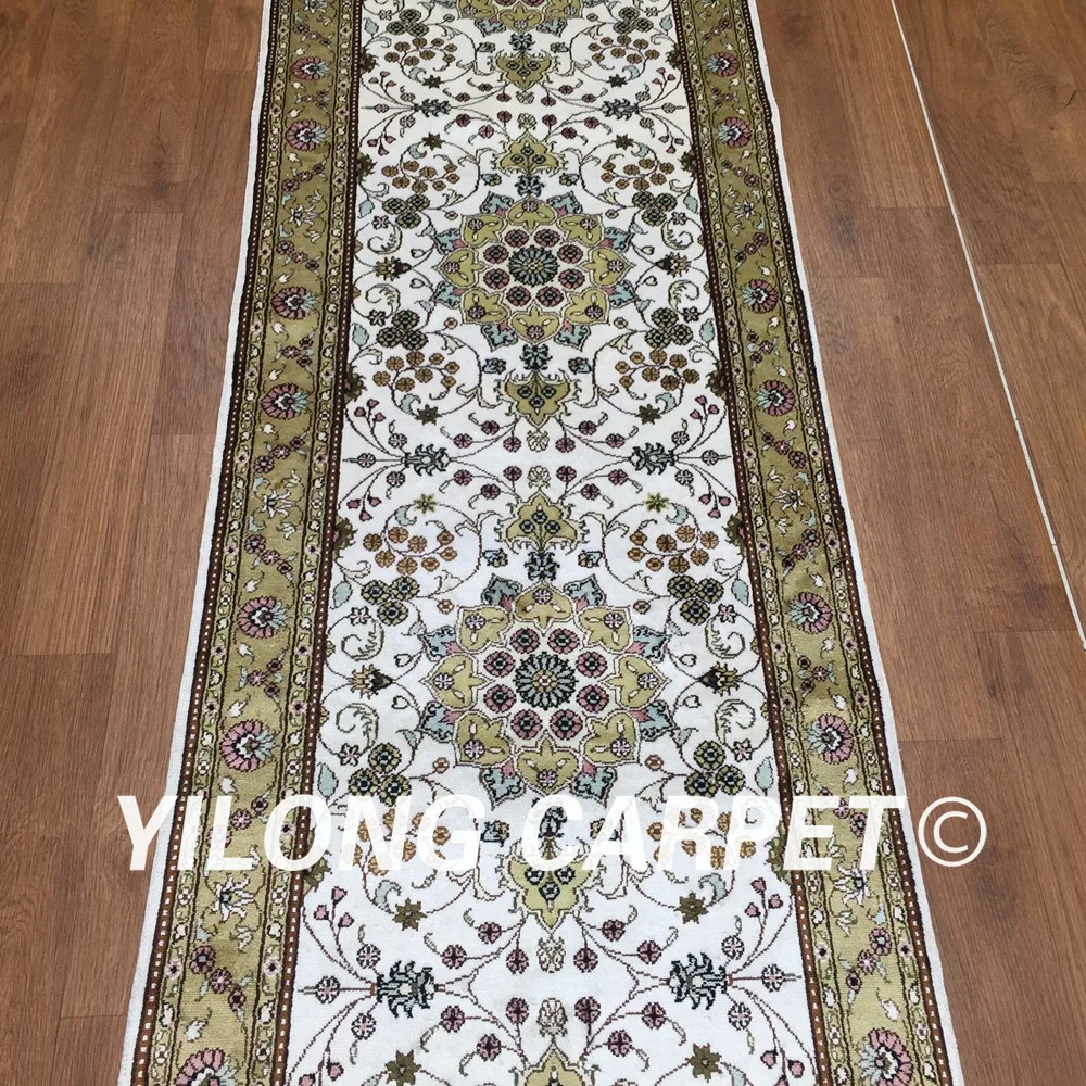 Yilong 2 5 'x 12' шелковые коврики ручной работы дорожки для коридора зеленые и белые