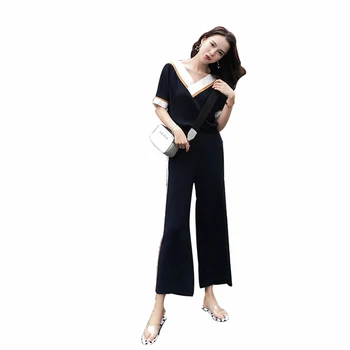 

Rlyaeiz Fashion 2 Piece Set Women 2019 Summer Sweat Suit Women Striped Color Patchwork T shirts + Ankle-length Pants Sportswear