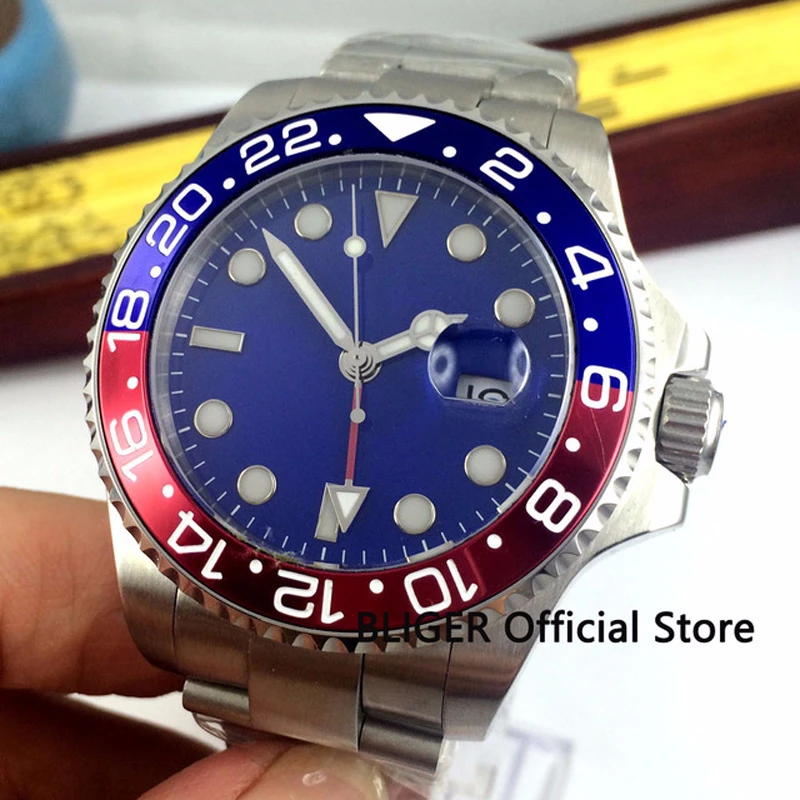 Мужские часы BLIGER 43 мм с синим стерильным циферблатом большим вращающимся GMT