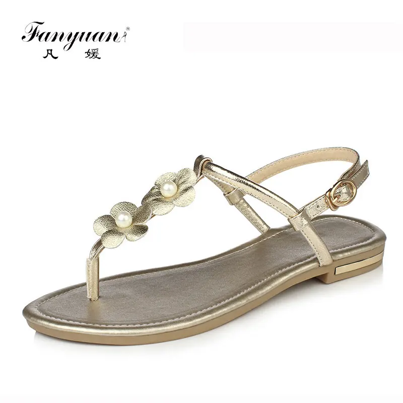 

Fanyuan Women sandals 2019 summer fashion genuine leather shoes woman flat flop flops flower plus size 34-43 black white gold