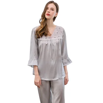 

Women 100% Silk Pajamas Sets Sleepwear Long Sleeve 2 Piece Sets Silk Pajama Pijama Female Sexy Home Suit Pajamas Set