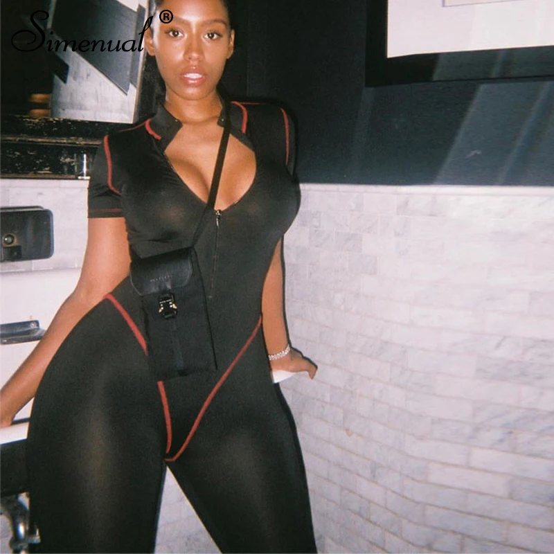 Women Casual Jumpsuit Zipper Patchwork Active Wear Rompers OG0681