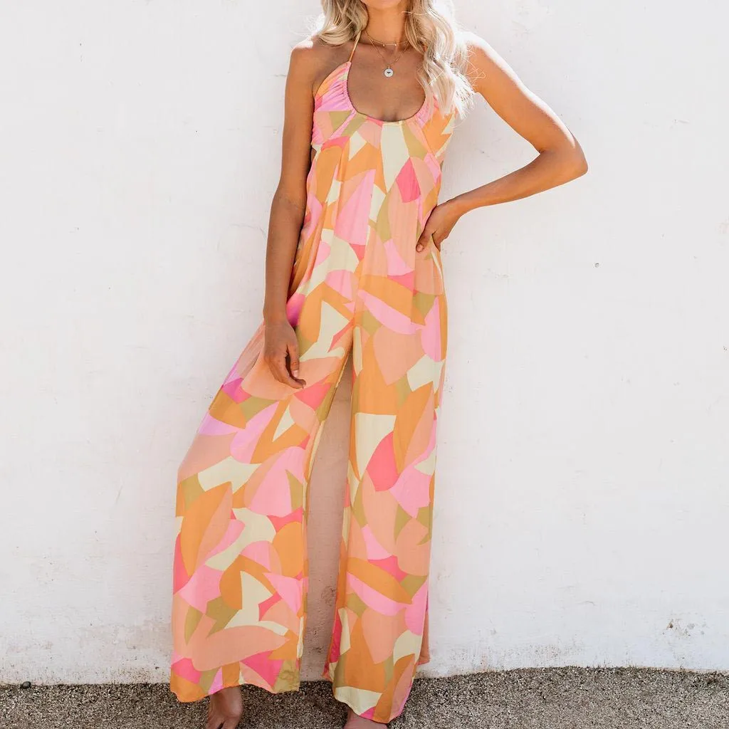 

Colored squares Printed Jumpsuit Women summer Sleeveless High Waist o neck Drawstring Rompers female beach Wide Leg Jumpsuits