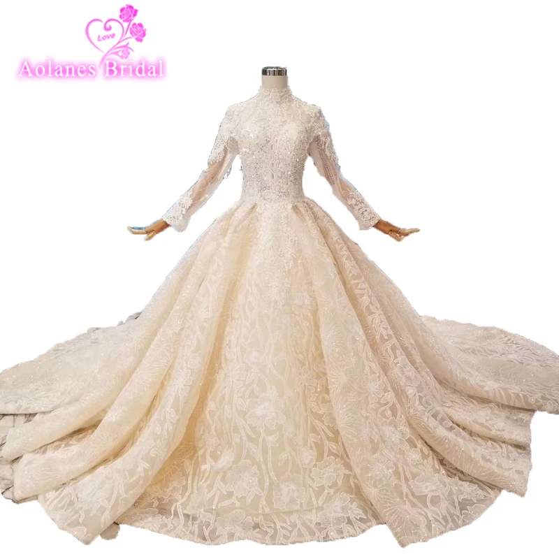 Роскошное кружево мусульманское свадебное платье 2019 Свадебные платья длинное бальное платье 100% реальная работа кружевное платье с