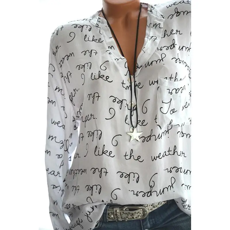 Yfashion Женская Повседневная рубашка с v-образным вырезом и буквенным принтом с длинным рукавом Модный пуловер Топ - Цвет: white