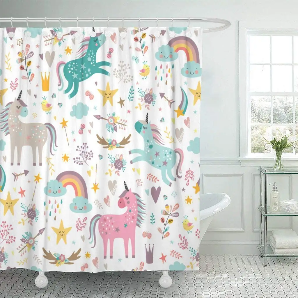 

Shower Curtain Blue Girl with Unicorns Pink Baby Rainbow Arrow Animal Beautiful Cartoon Cloud Bathroom