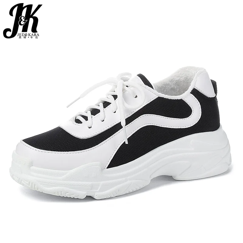 

JK Autumn Women' S Vulcanize Shoes Round Toe Mesh Pu Short Plush Footwear Female Platform Shoes Sneakers Shoes Woman 2018 New